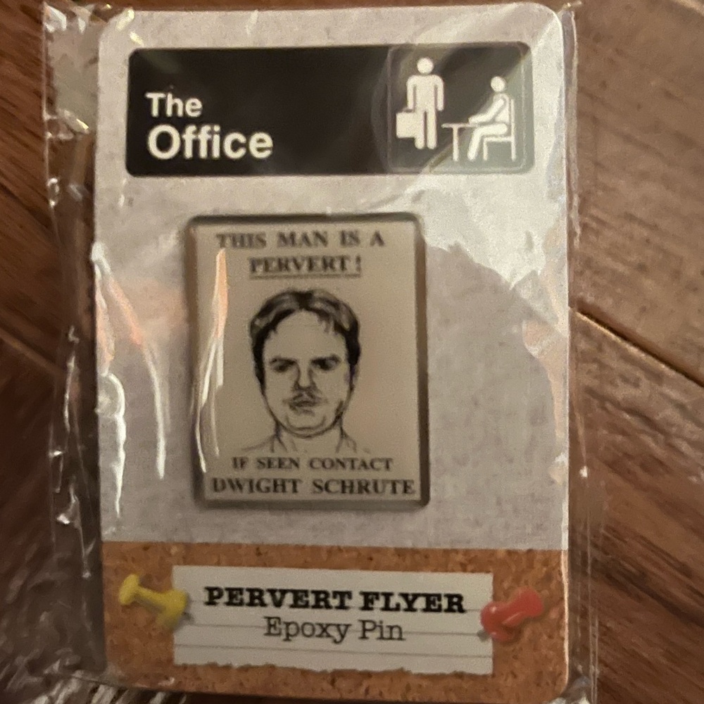 the office pervert flyer epoxy pin.